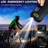 A hand holds a black LED emergency lighting device shining a bright beam onto a cyclist in a dark outdoor setting.