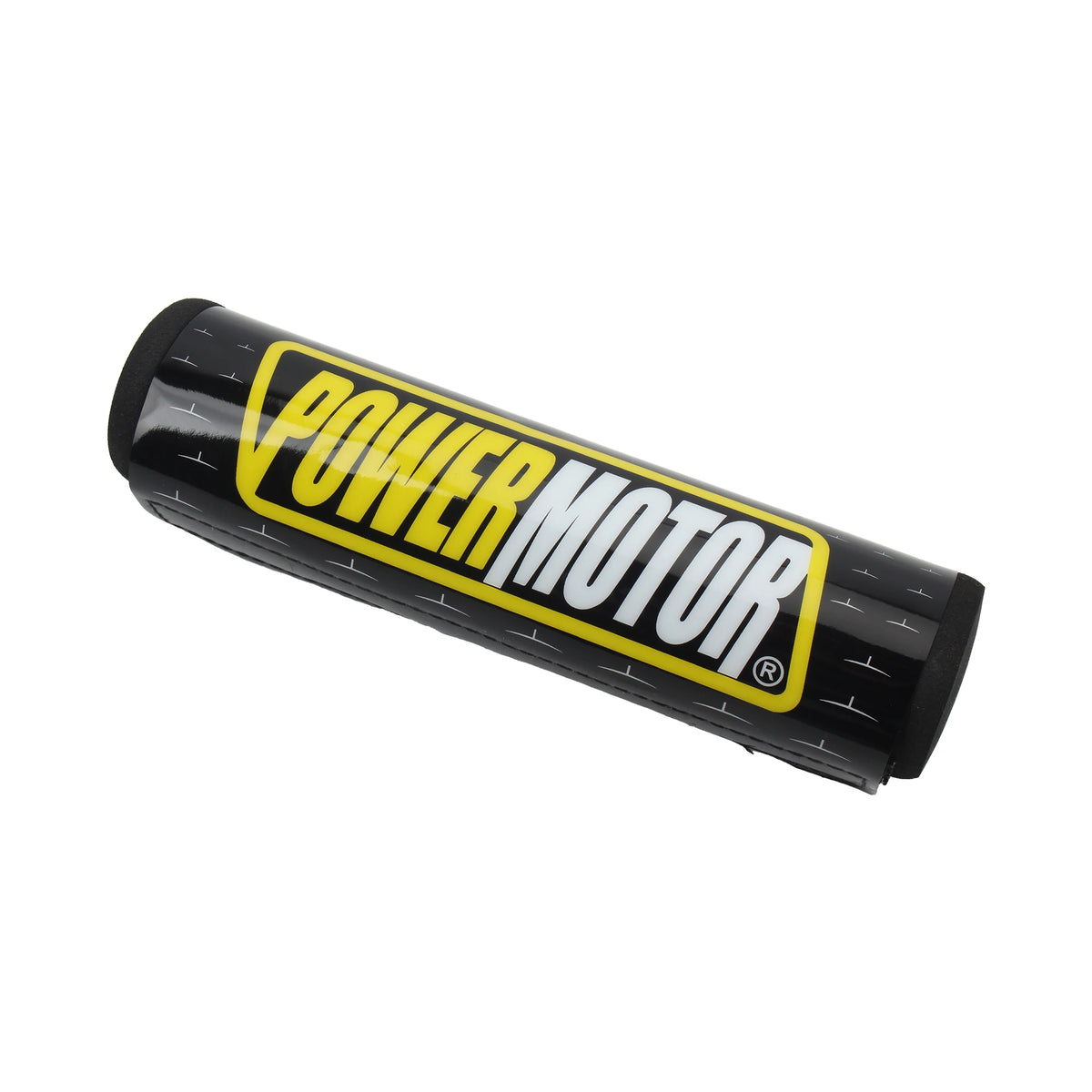 Black cylindrical handlebar protection pads with yellow text reading POWER MOTOR