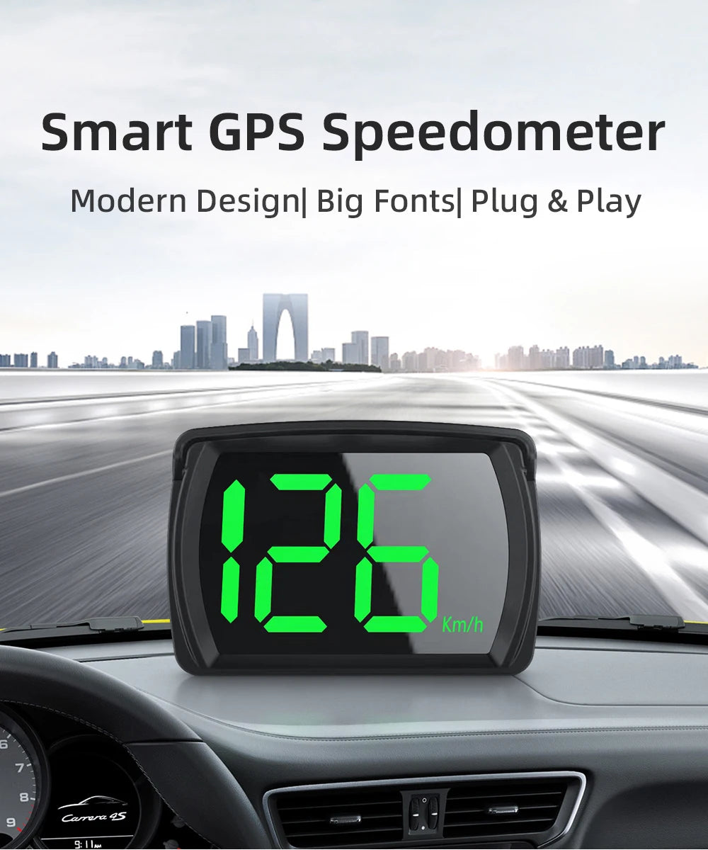 Compteur de vitesse GPS numérique affichant 126 km/h, monté sur le tableau de bord d'une voiture.