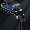 A black multi-functional car sun visor phone mount with a blue lens and adjustable arm.