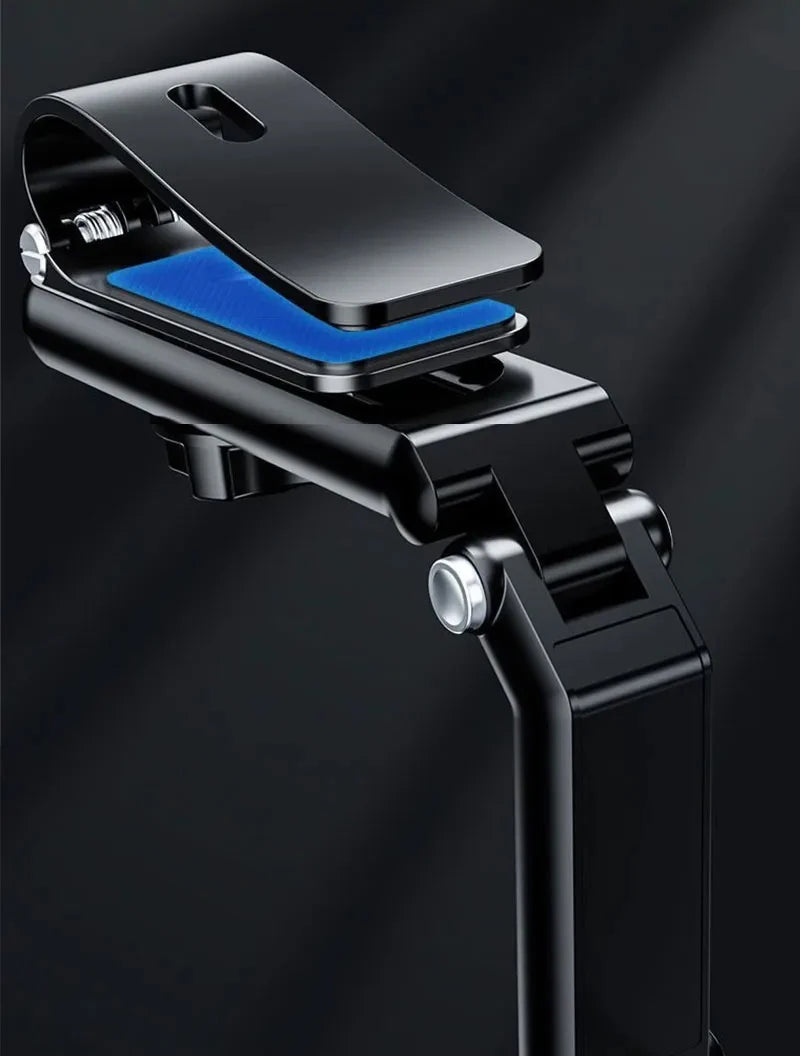 A black multi-functional car sun visor phone mount with a blue lens and adjustable arm.