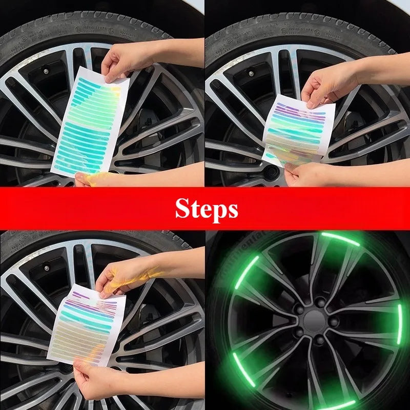Schritte zum Anbringen reflektierender Feliensticker auf eine Reifenmontierung.