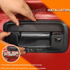 Installation guide showing how to install a black carbon fiber tailgate handle trim cover on a red vehicle.