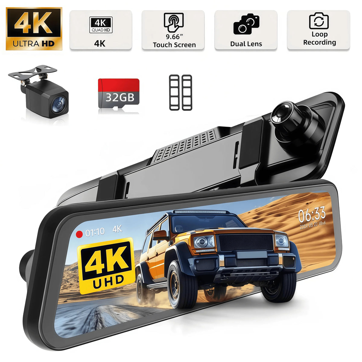 A 4K dash camera mounted in a smartphone case, showing a vehicle driving on a road.