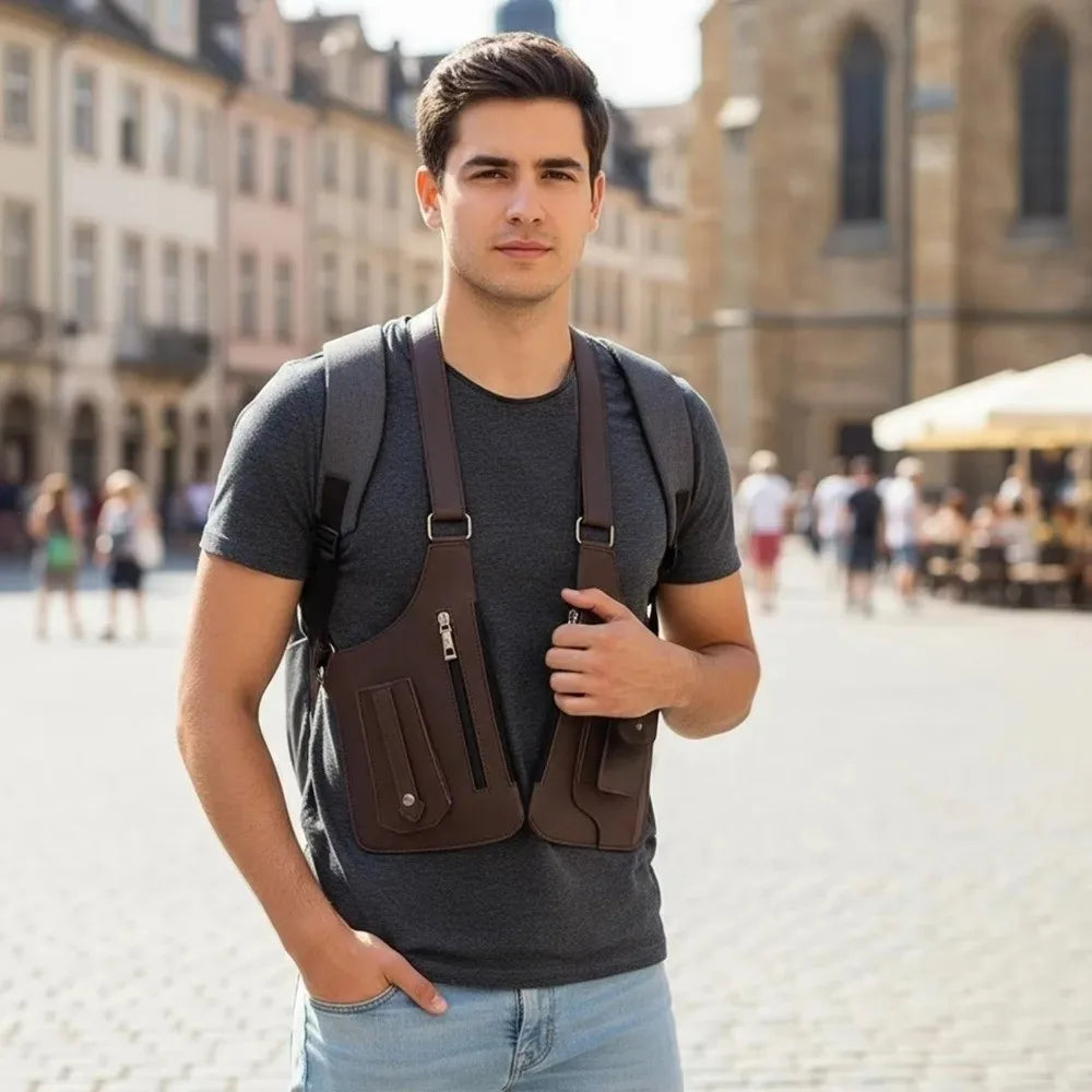 A young man wearing a dark grey t-shirt and jeans carrying a brown tactical double shoulder crossbody bag.