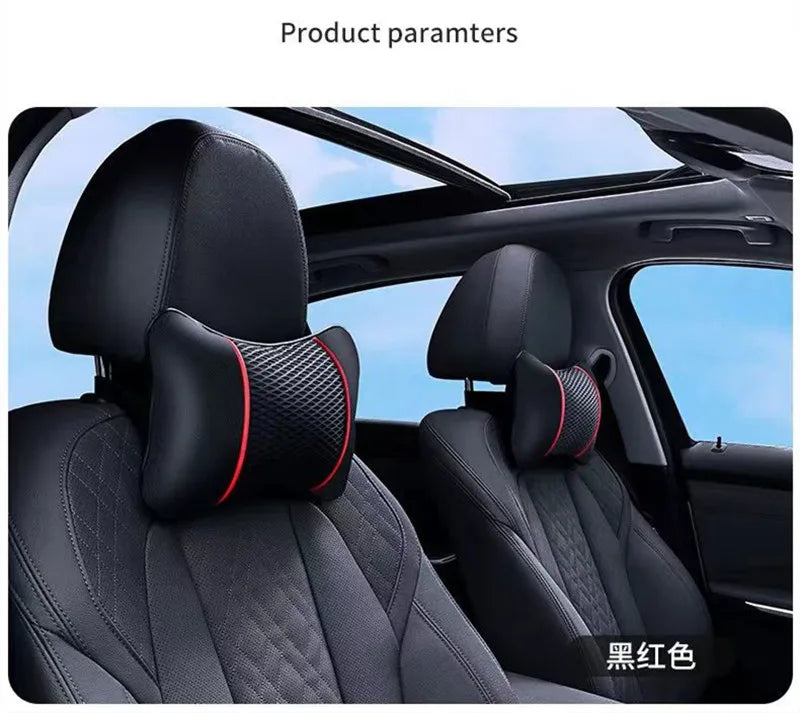 Black car headrest pillows installed in a vehicle interior, showing the neck comfort product.