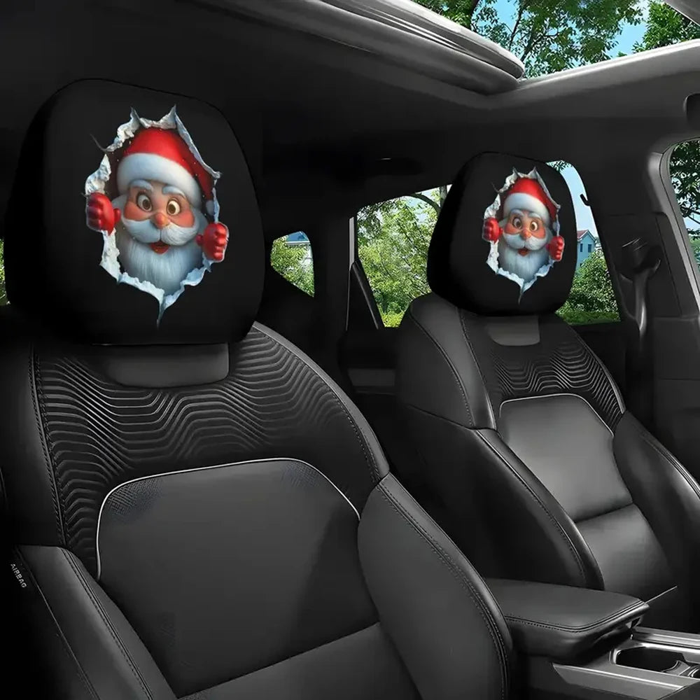 Two black car headrest covers featuring Santa Claus faces with funny slanted eyes