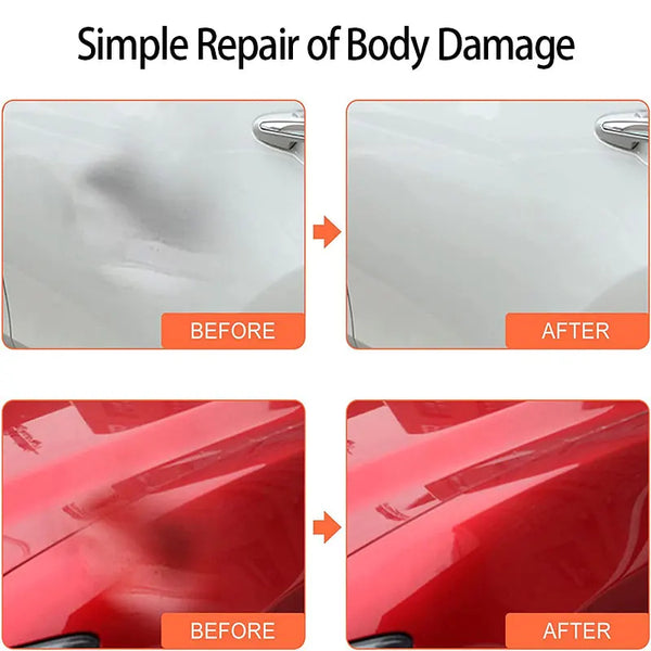 Before and after images showing the simple repair of body damage on silver and red car surfaces.