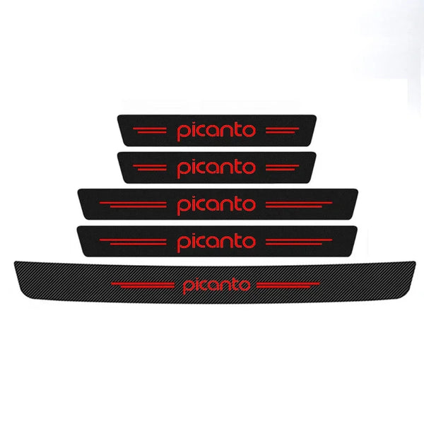A stack of black carbon fiber decals with the word picanto printed in red on each layer.