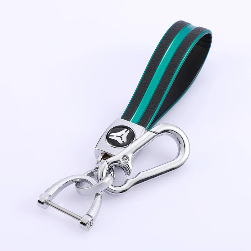A silver multi-function key fob holder with a black and teal striped grip is shown against a white background.