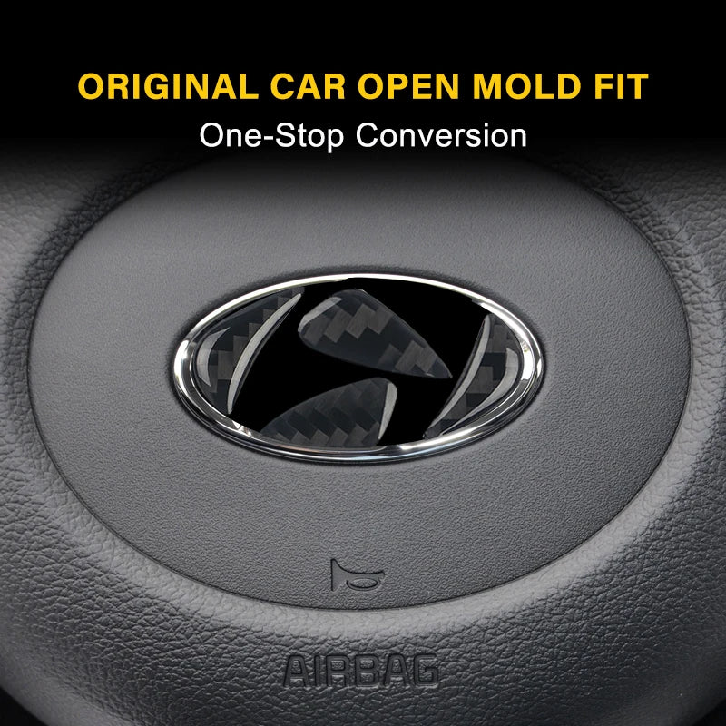 Close-up of a car airbag cover with an original mold fit decal for one-stop conversion.