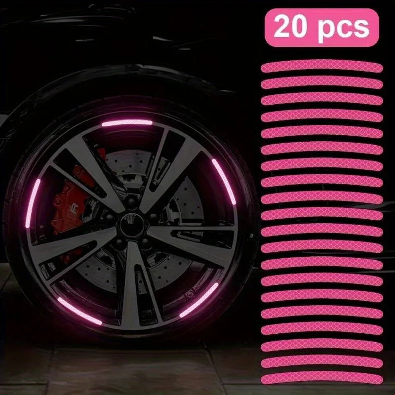 A set of 20 reflective pink car tire and wheel decorations displayed against a dark background.