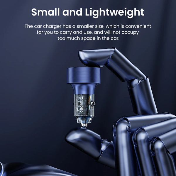 A close-up of a blue car charger being held by a robotic hand, highlighting its small and lightweight design.