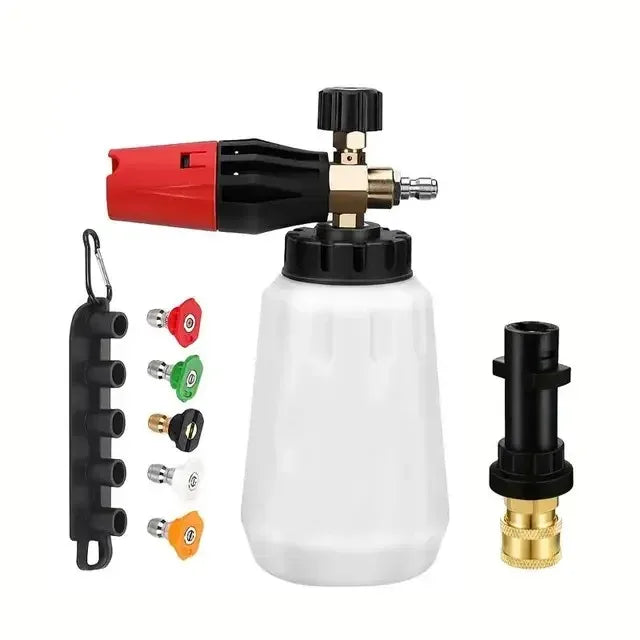 A heavy duty snow foam cannon with a black and red nozzle assembly and a white spray bottle.