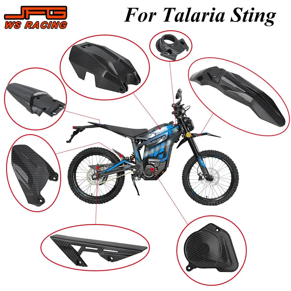 A set of motorcycle mudguards and protection kits for Talaria models, including various black plastic components.