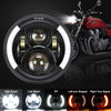 A set of motorcycle LED headlights showing high beam, low beam, and turn signals.