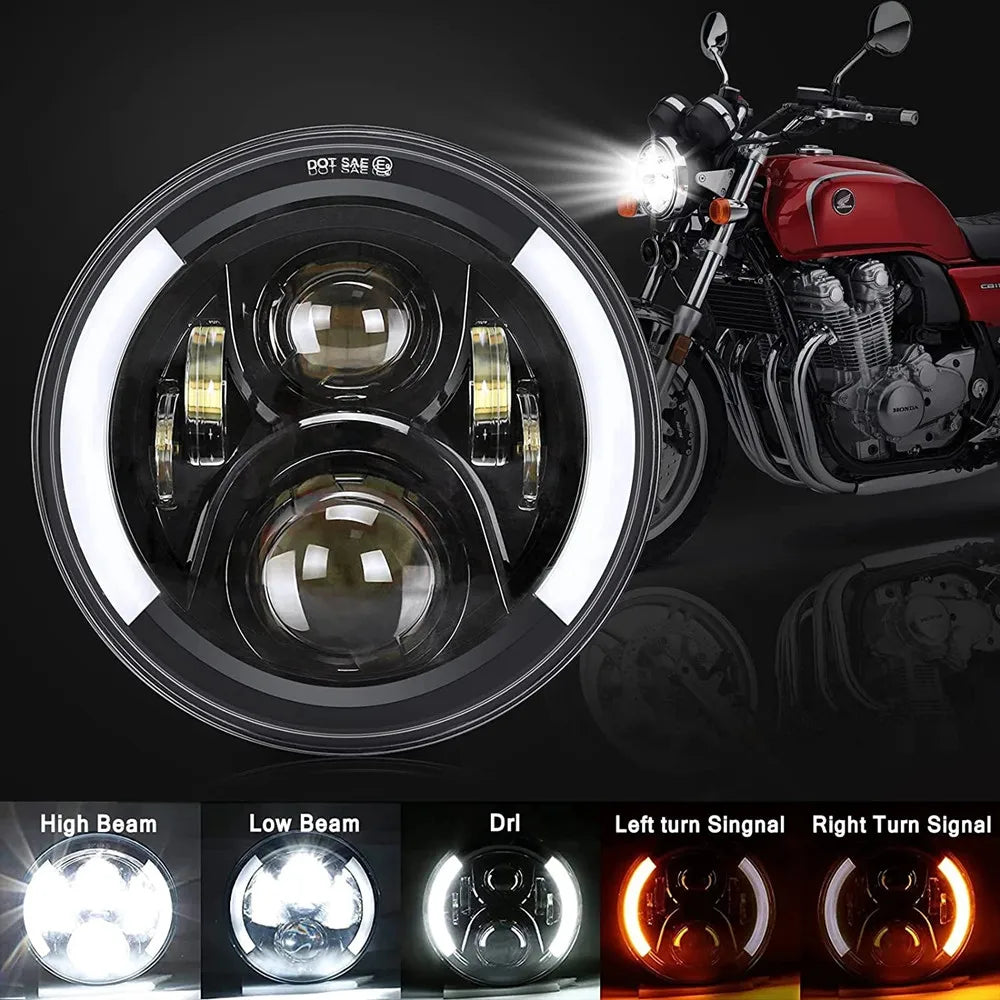 A set of motorcycle LED headlights showing high beam, low beam, and turn signals.