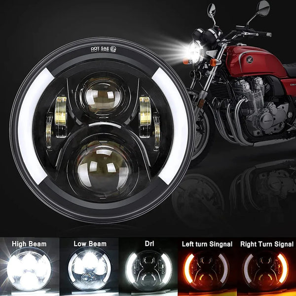 Set von Motorrad-LED-Scheinwerfern, Hoch-, Nieder- und Blinkerlicht.
