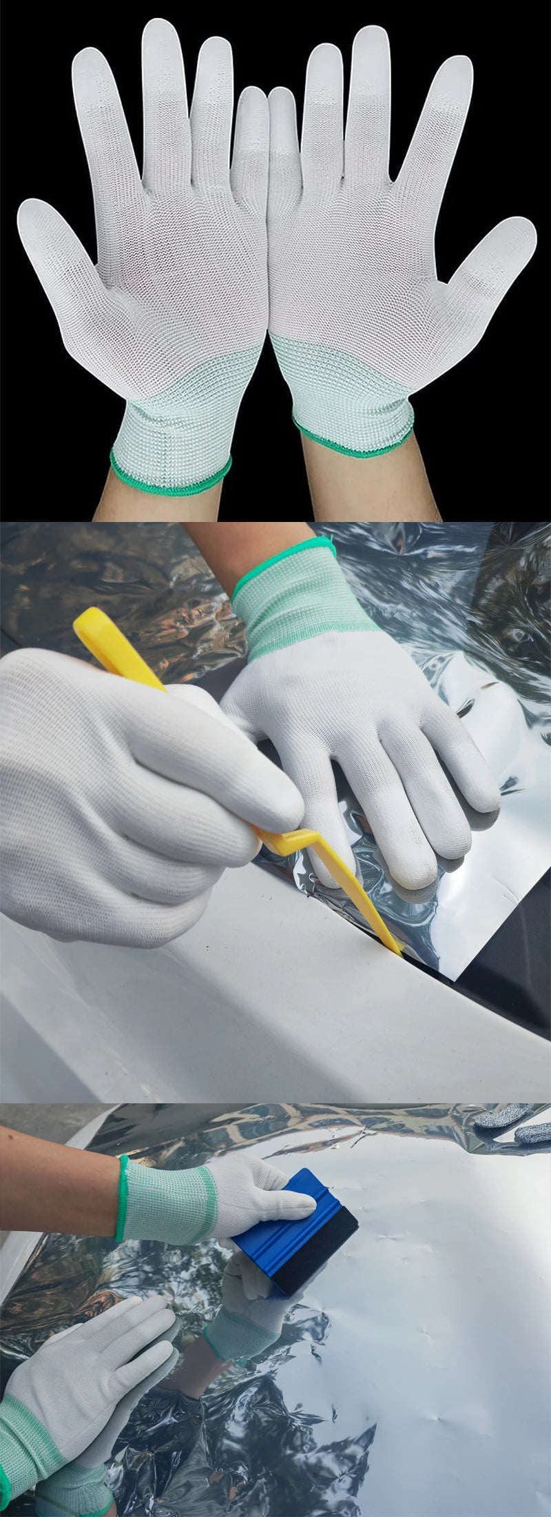 Hands wearing white gloves demonstrating the installation of a complete car vinyl wrap and window tint kit on a vehicle.