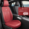Red seat covers for a car seat, including backrest and headrest covers.