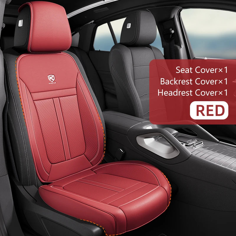 Red seat covers for a car seat, including backrest and headrest covers.