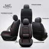 Black universal car seat covers shown with various coverage options including full back, headrest, sides, and bottom.