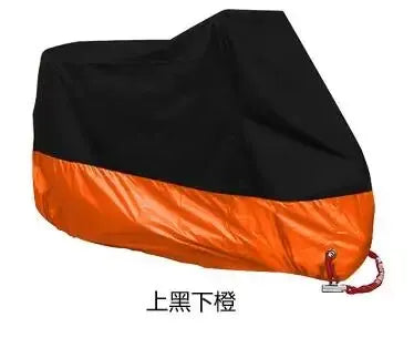 A black and orange waterproof cover for a motorbike.