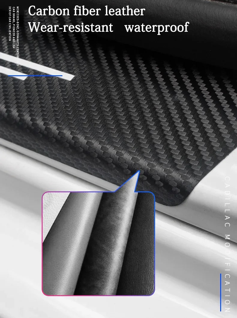 Close-up view of carbon fiber leather door sill protection strips showing the textured surface and cross-section.