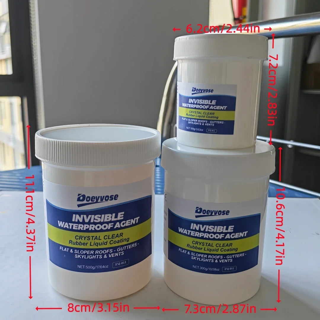 Two containers of Invisible Waterproof Agent showing dimensions and product details.
