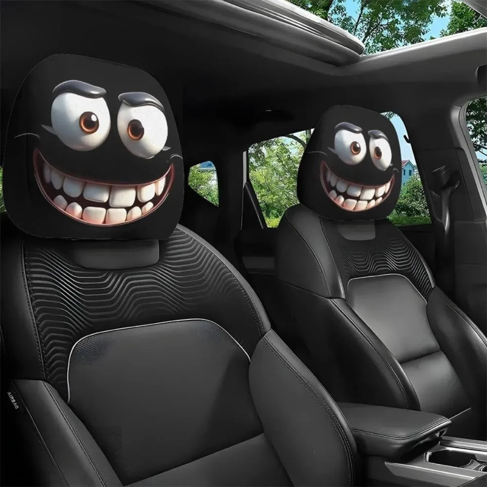 Black car seat headrest covers featuring decorative cartoon faces for enhanced comfort and style
