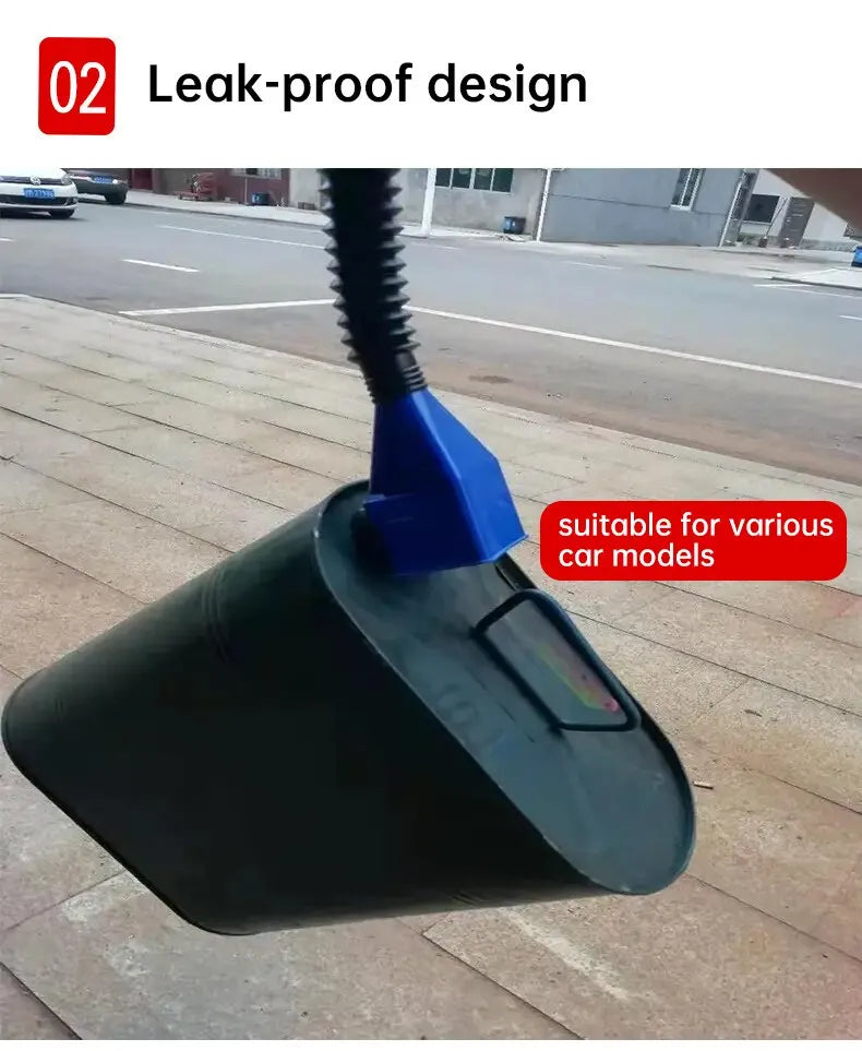A dark green oil funnel tool with a blue nozzle is shown on a paved surface.