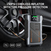 A portable tire inflator with pressure detection is shown next to a car wheel.