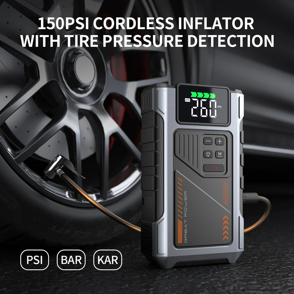 A portable tire inflator with pressure detection is shown next to a car wheel.