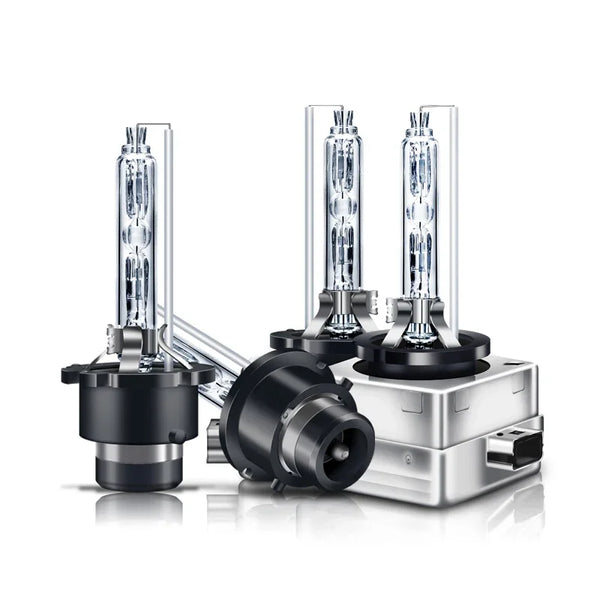 A set of high-intensity xenon HID headlight bulbs with glass tubes and metal bases displayed on a white background.