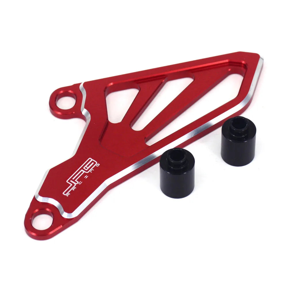 Red CNC aluminum front sprocket cover for Select Honda and Yamaha dirt bikes with black mounting hardware