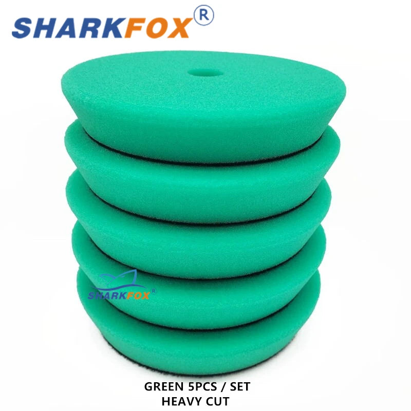 Set of five green heavy cut polishing sponge pads for car buffing
