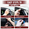 Four steps for installing a car door seal strip showing prep cleaning, adhesive application, paste along the border, and trim