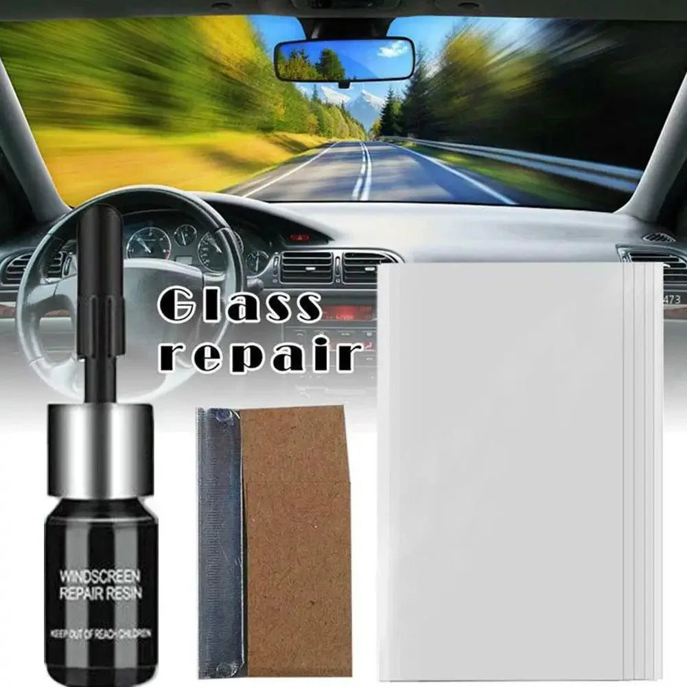 A glass repair kit for car windshields shown next to a white repair panel and various resin materials.