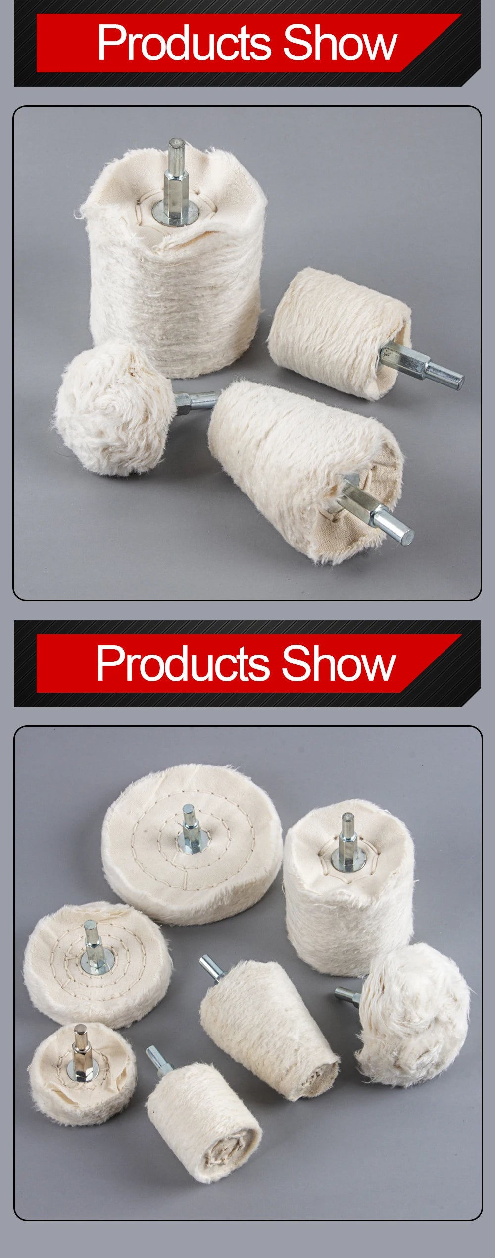 Various rolls of white felt polishing wheels with metal shanks for jewelry and metalwork