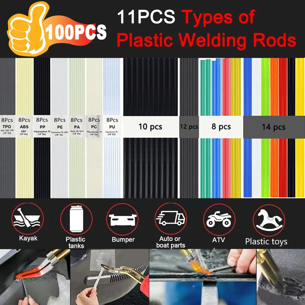 A variety of 11 pieces of plastic welding rods in different colors and types are displayed alongside various tools for DIY re