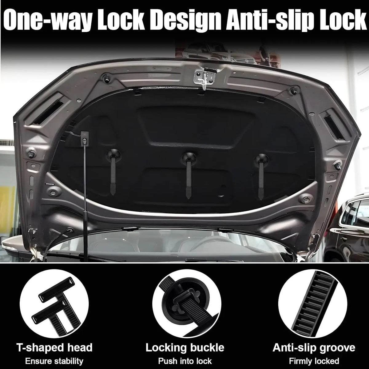 Close-up view of a one-way anti-slip lock design for vehicle access, showing the T-shaped head and locking buckle.