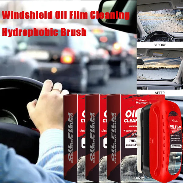 A set of red and black oil film cleaning brushes for windshields shown next to a car interior.
