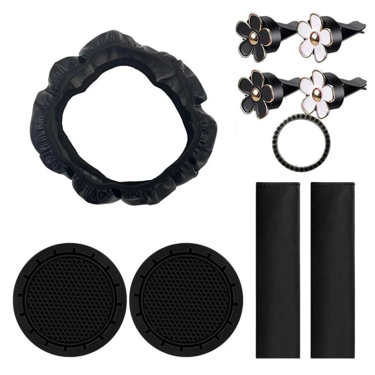 Black car interior accessory set including a steering wheel cover and comfort pads