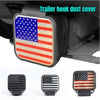 A close-up view of a black trailer hook dust cover featuring a patriotic American flag design.