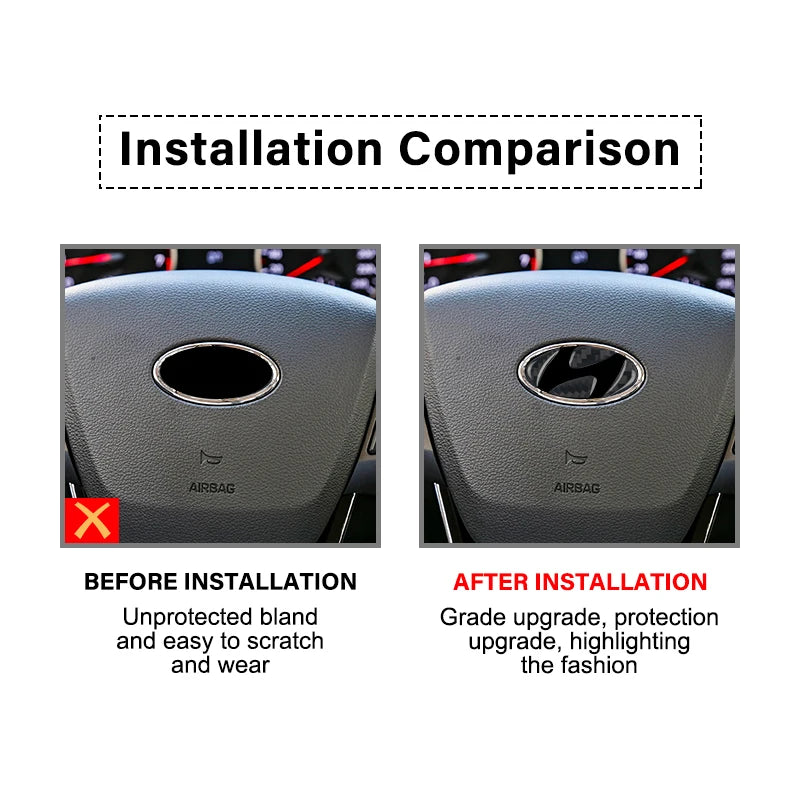 Comparison showing a car steering wheel trim before and after installation, highlighting protection and upgrade.