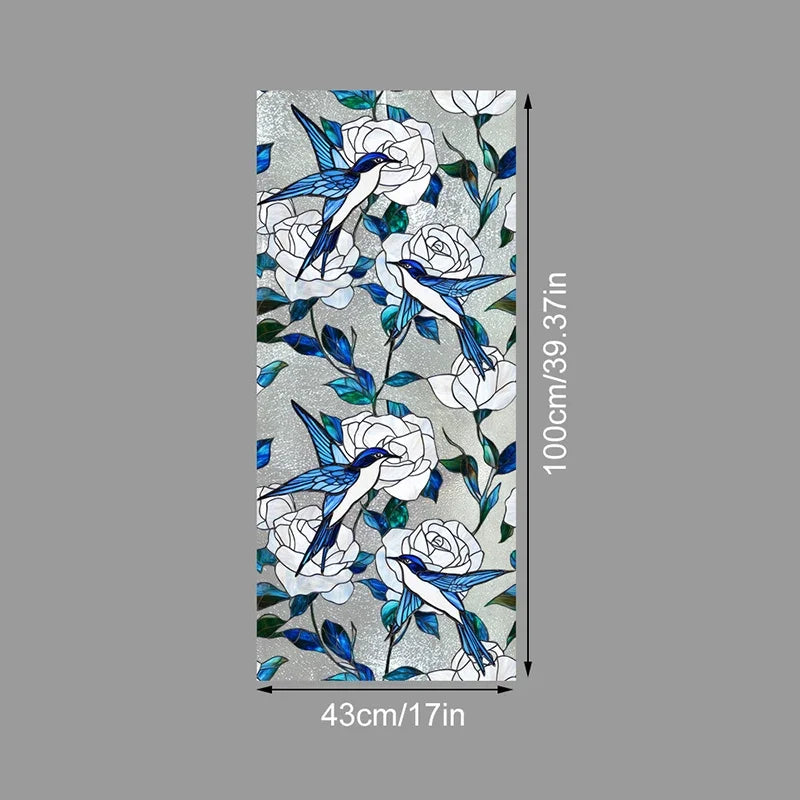 Decorative PVC stained glass window film featuring blue and white birds among floral patterns