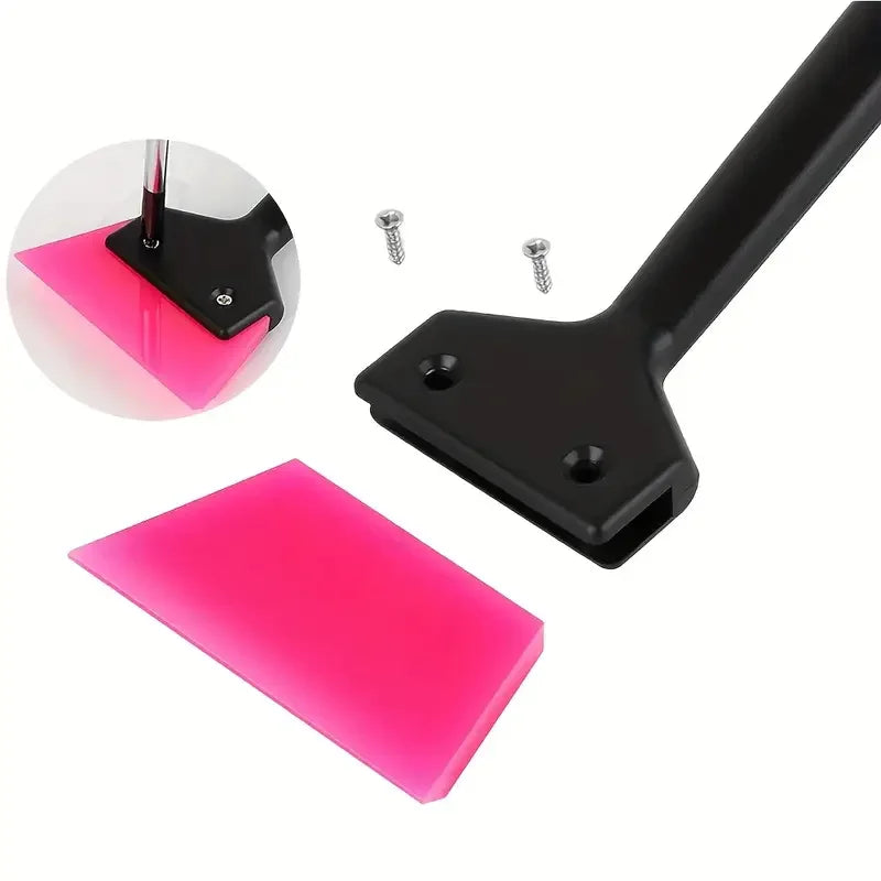 A black car window film installation tool with a pink plastic applicator and mounting hardware.