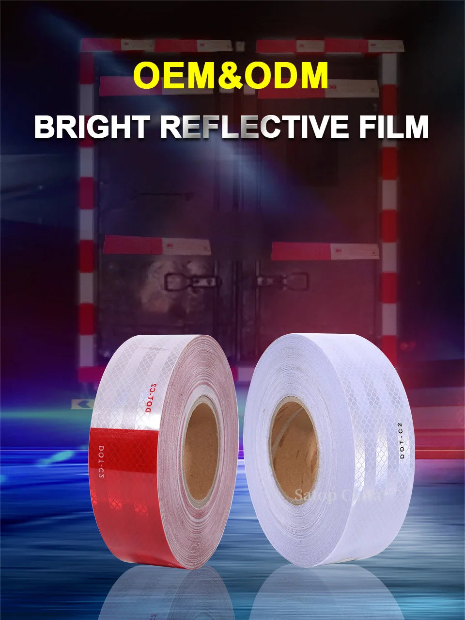 Rolls of bright reflective film for OEM and ODM use displayed in front of a red door background