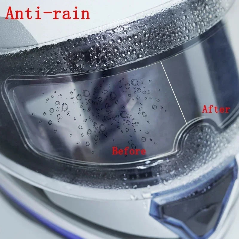 Close-up view of a motorcycle helmet visor film showing water droplets before and after application.