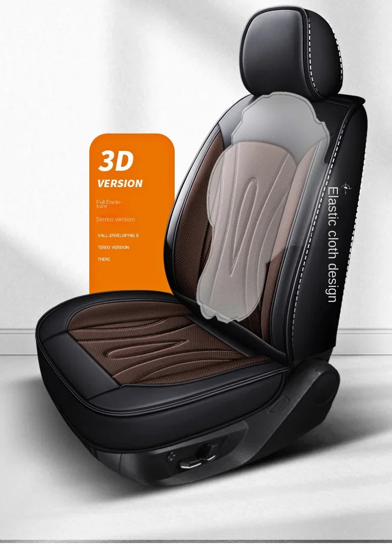 A black car seat cover in a 3D version with a tan leather design shown on a white background.
